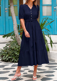 Casual Short Sleeved V-Neck Button Up Lace Up Dress