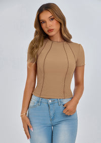KIRUNDO Ribbed Short Sleeve Tops for Women Summer Casual Crew Neck Cute Crop Basic Tees Slim Fit Exposed Seams T Shirts