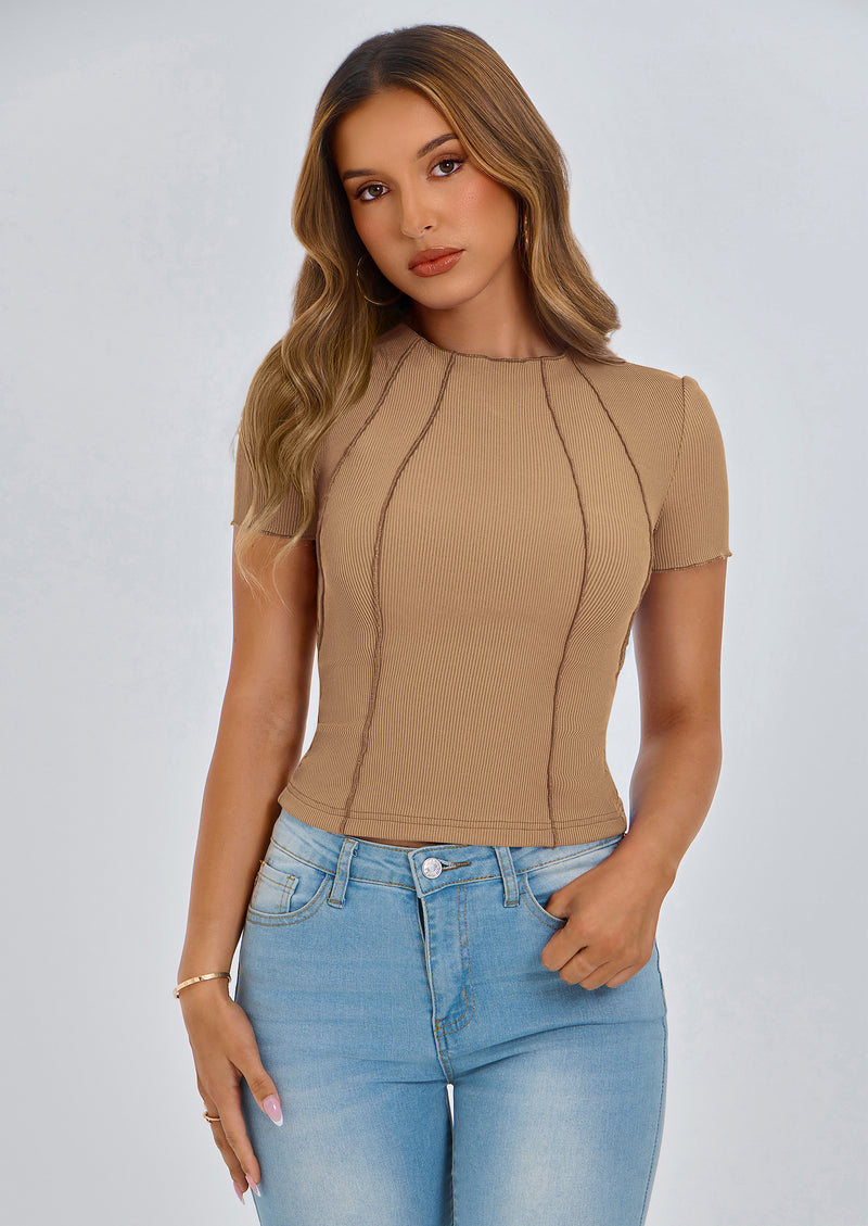 KIRUNDO Ribbed Short Sleeve Tops for Women Summer Casual Crew Neck Cute Crop Basic Tees Slim Fit Exposed Seams T Shirts