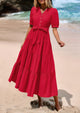 Casual Short Sleeved V-Neck Button Up Lace Up Dress