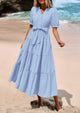 Casual Short Sleeved V-Neck Button Up Lace Up Dress