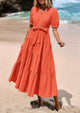 Casual Short Sleeved V-Neck Button Up Lace Up Dress