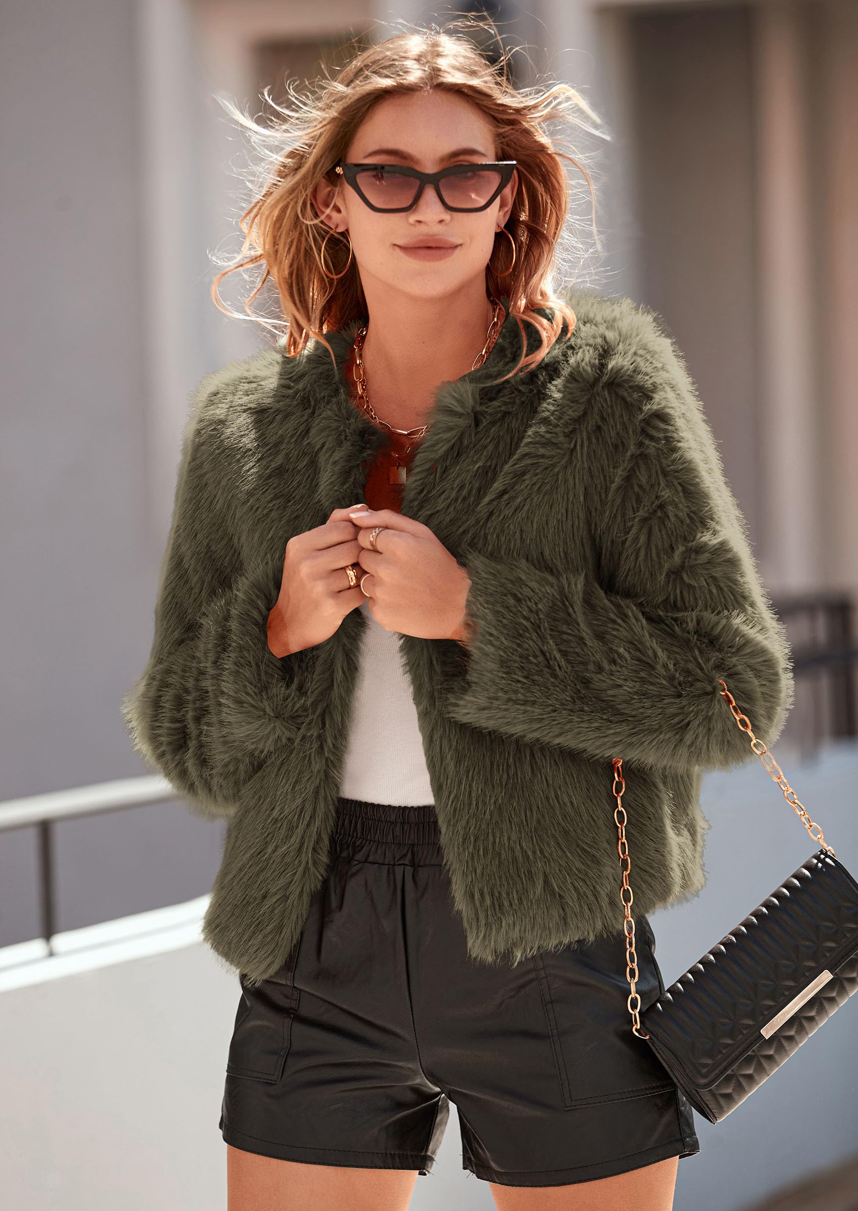PRETTYGARDEN Women's Winter Coats Fleece Cropped Jacket Faux Fur Long Sleeve Pockets Shaggy Warm Outerwear Fall Clothes
