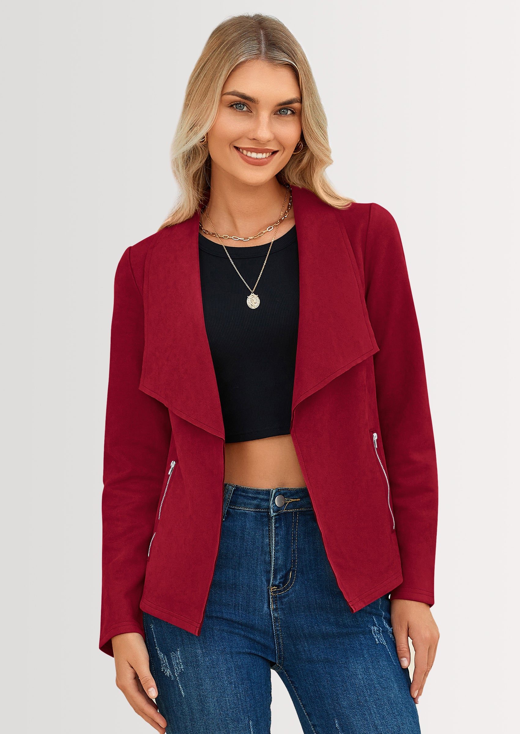 PRETTYGARDEN Women's Faux Suede Jackets Fashion Fall Clothes Long Sleeve Open Front Cropped Coat Outwear