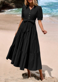 Casual Short Sleeved V-Neck Button Up Lace Up Dress