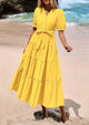 Casual Short Sleeved V-Neck Button Up Lace Up Dress