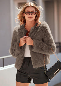 PRETTYGARDEN Women's Winter Coats Fleece Cropped Jacket Faux Fur Long Sleeve Pockets Shaggy Warm Outerwear Fall Clothes