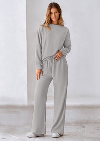 PRETTYGARDEN 2 Piece Long Sleeve Pullover Tops and Wide Leg Pants Knitted Lounge Sets
