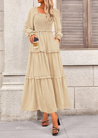 Long Sleeve Smocked Casual Square Neck Swiss Dot Tiered Ruffle Maxi Dresses