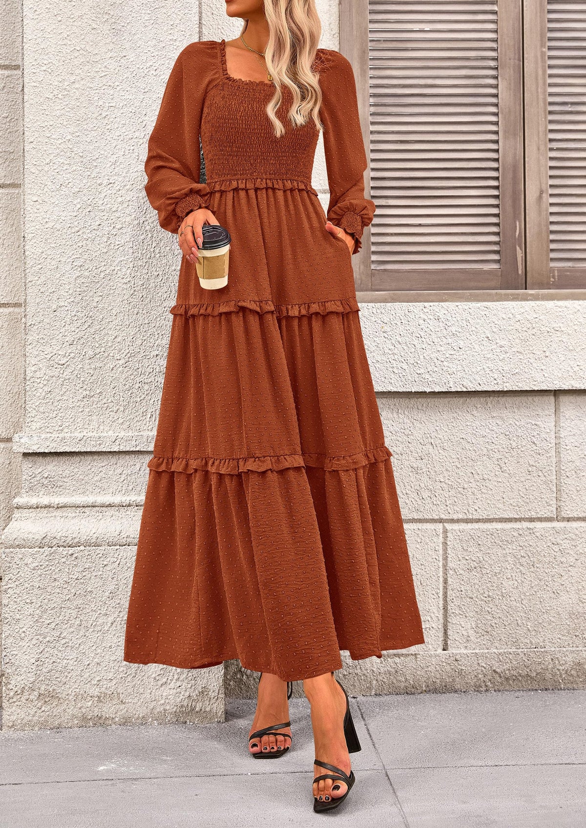 Long Sleeve Smocked Casual Square Neck Swiss Dot Tiered Ruffle Maxi Dresses