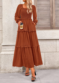 Long Sleeve Smocked Casual Square Neck Swiss Dot Tiered Ruffle Maxi Dresses