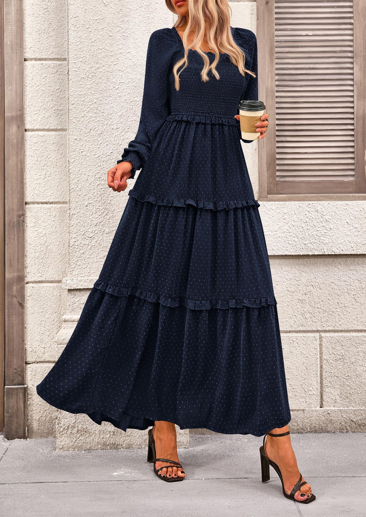 Long Sleeve Smocked Casual Square Neck Swiss Dot Tiered Ruffle Maxi Dresses