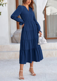 Long Sleeve V Neck Tiered Ruffle Flowy A Line Maxi Dresses