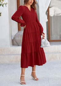 Long Sleeve V Neck Tiered Ruffle Flowy A Line Maxi Dresses
