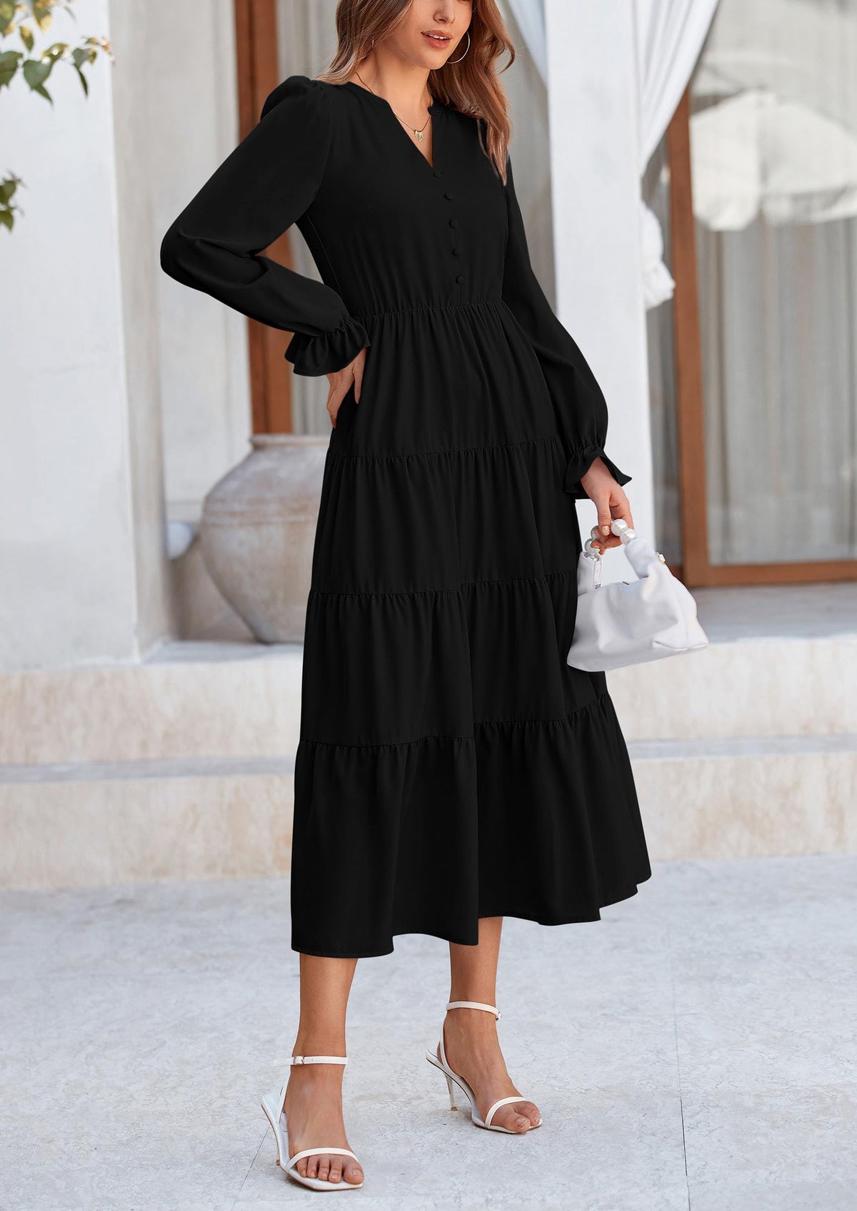 Long Sleeve V Neck Tiered Ruffle Flowy A Line Maxi Dresses
