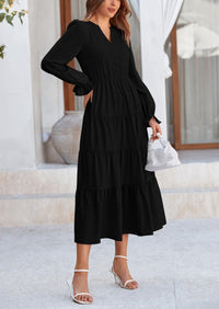 Long Sleeve V Neck Tiered Ruffle Flowy A Line Maxi Dresses