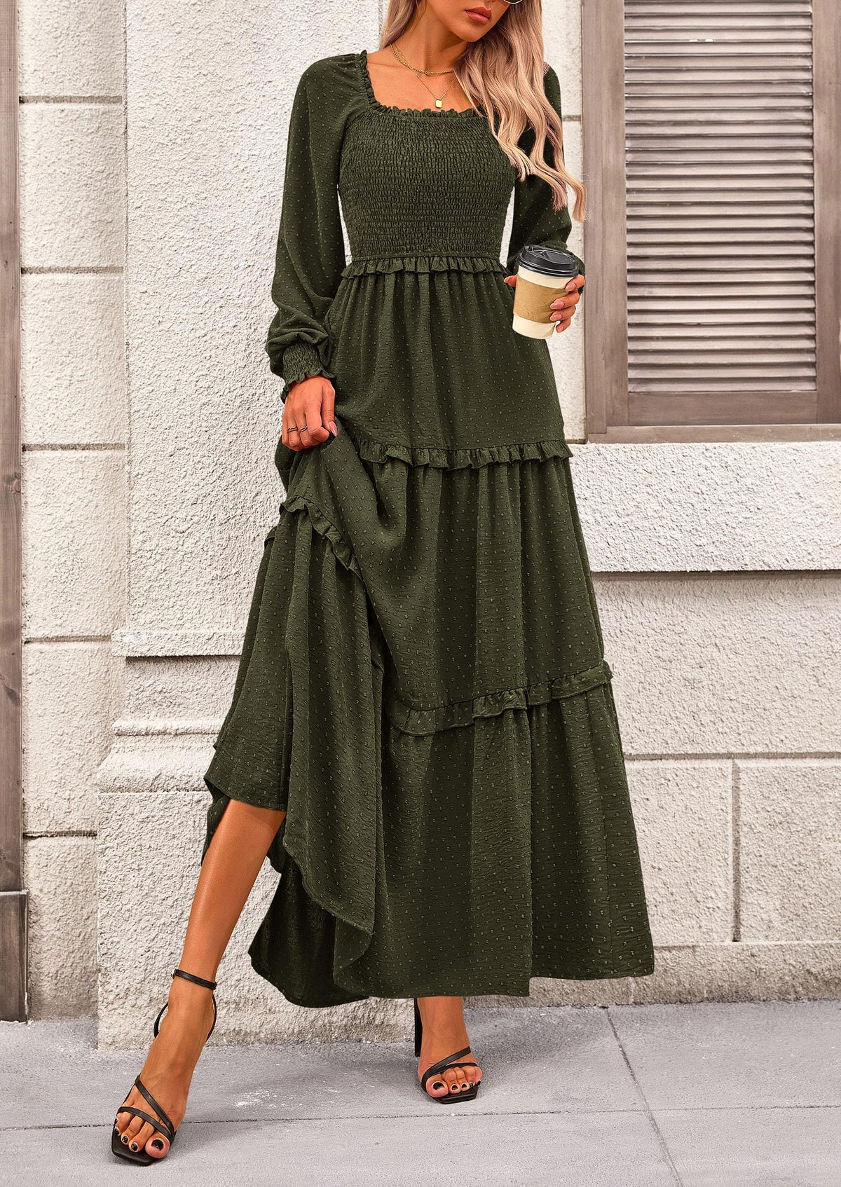 Long Sleeve Smocked Casual Square Neck Swiss Dot Tiered Ruffle Maxi Dresses