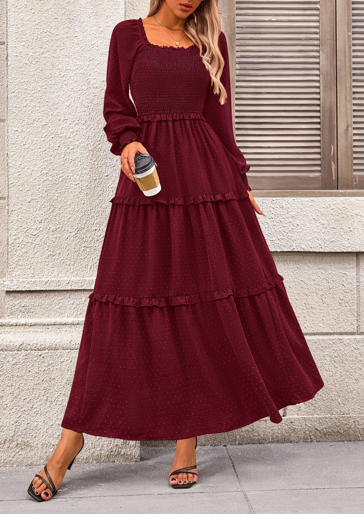Long Sleeve Smocked Casual Square Neck Swiss Dot Tiered Ruffle Maxi Dresses