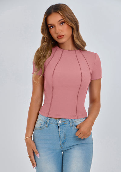 KIRUNDO Ribbed Short Sleeve Tops for Women Summer Casual Crew Neck Cute Crop Basic Tees Slim Fit Exposed Seams T Shirts