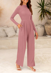 Casual Long Sleeve Mock Neck Wide Leg Jumpsuits