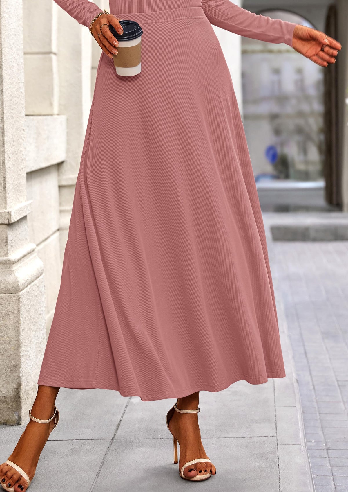 Casual Ribbed Knit Long Sleeve Crop Tops Maxi Flowy Skirts Two Piece Sets