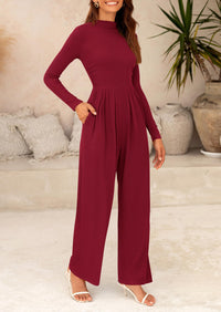 Casual Long Sleeve Mock Neck Wide Leg Jumpsuits
