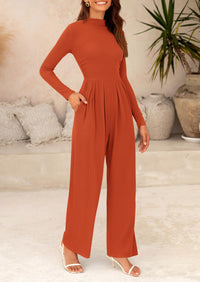 Casual Long Sleeve Mock Neck Wide Leg Jumpsuits
