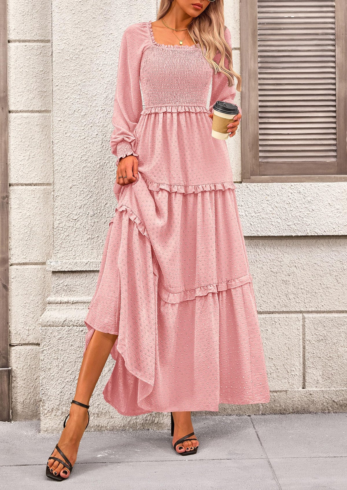 Long Sleeve Smocked Casual Square Neck Swiss Dot Tiered Ruffle Maxi Dresses