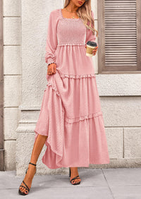 Long Sleeve Smocked Casual Square Neck Swiss Dot Tiered Ruffle Maxi Dresses