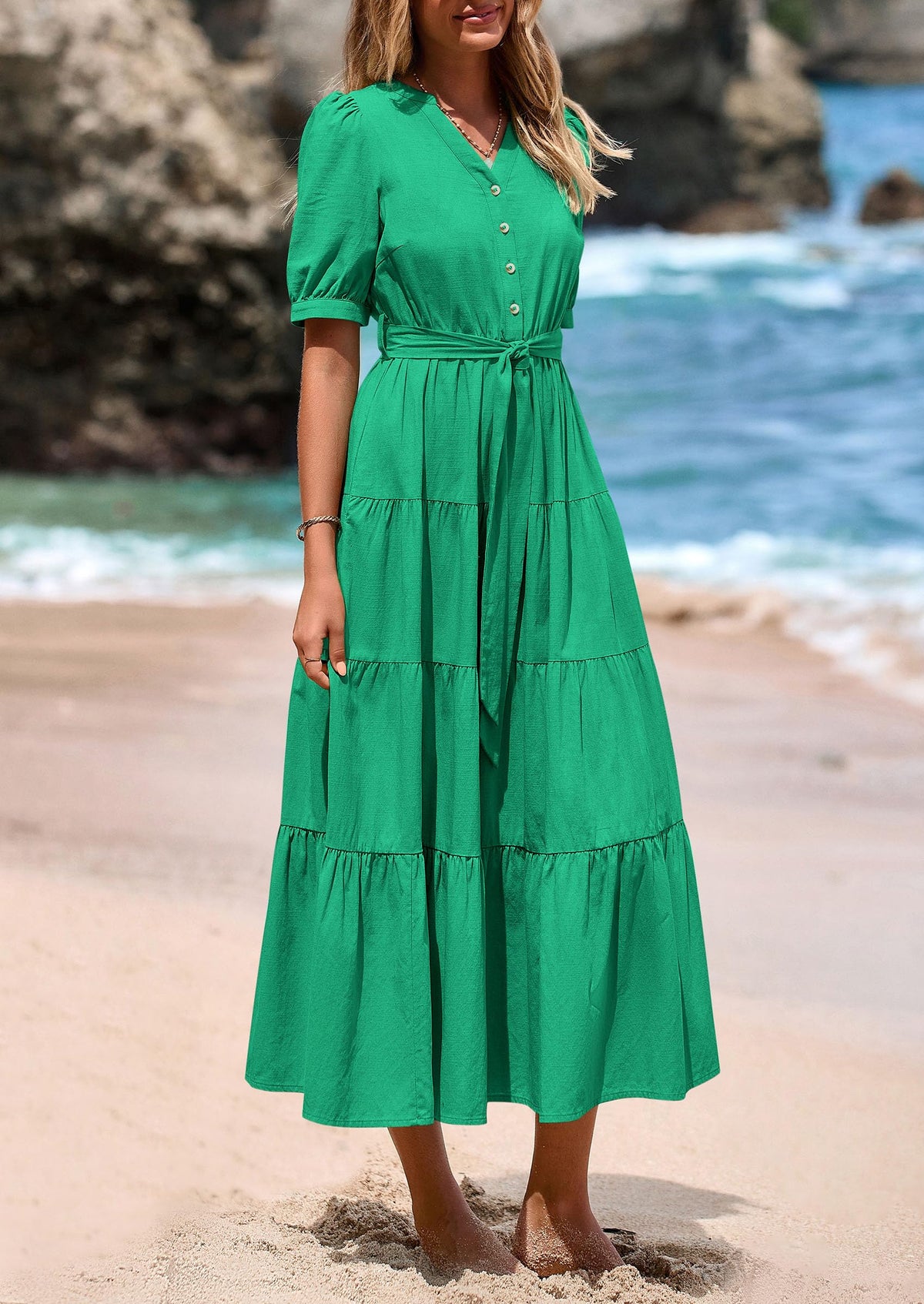 Casual Short Sleeved V-Neck Button Up Lace Up Dress