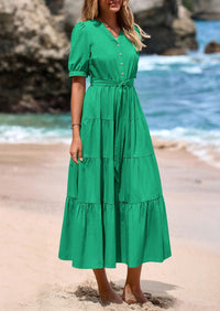 Casual Short Sleeved V-Neck Button Up Lace Up Dress