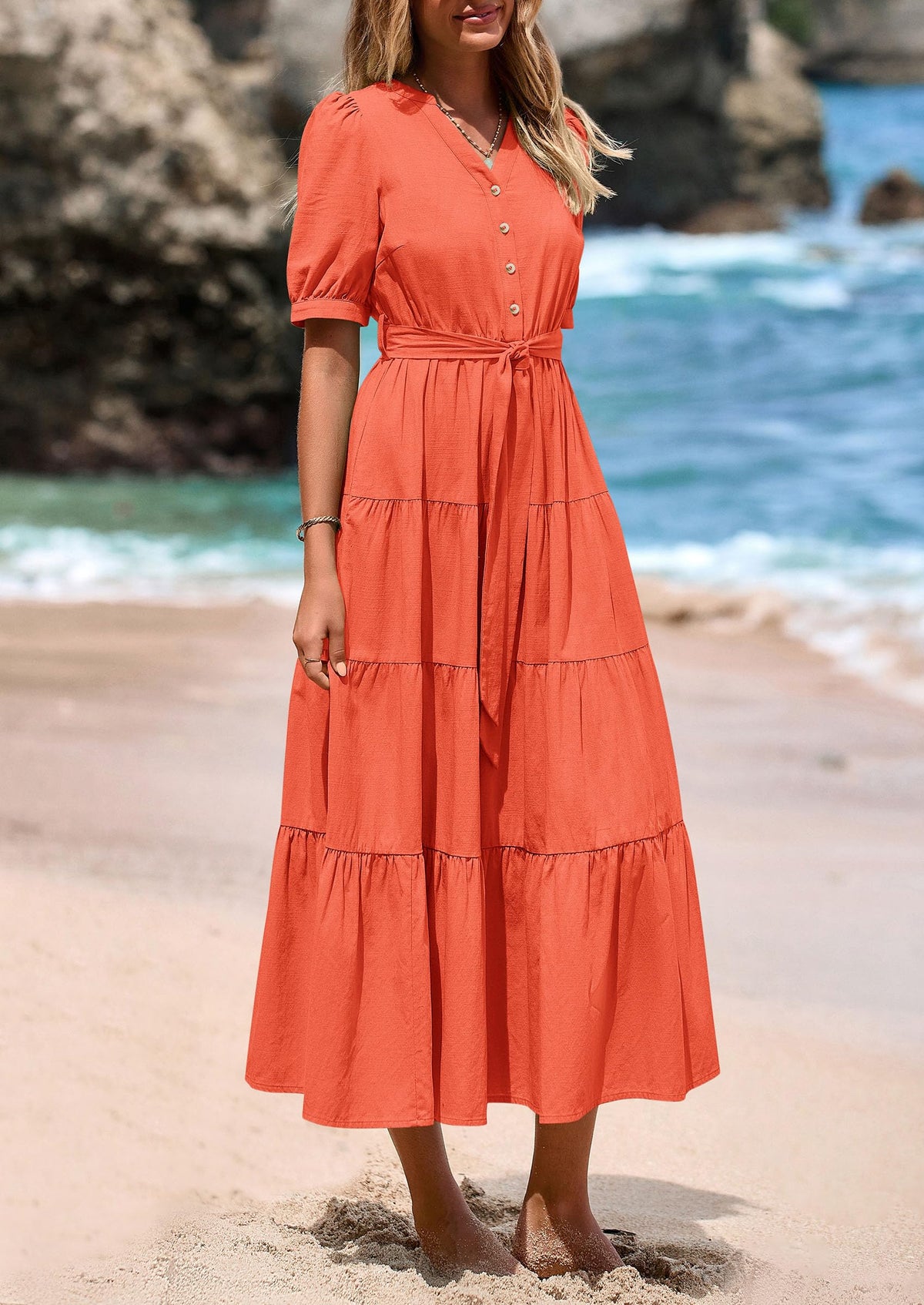 Casual Short Sleeved V-Neck Button Up Lace Up Dress