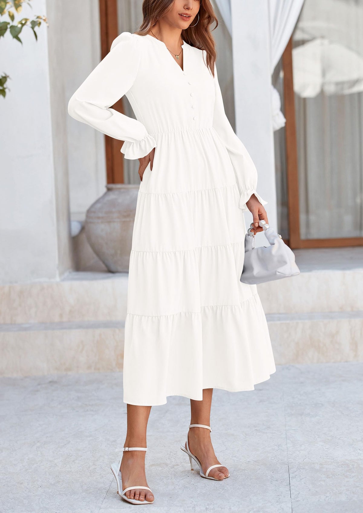 Long Sleeve V Neck Tiered Ruffle Flowy A Line Maxi Dresses