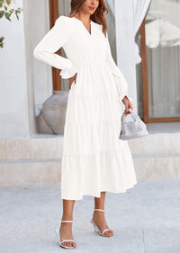 Long Sleeve V Neck Tiered Ruffle Flowy A Line Maxi Dresses