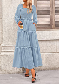 Long Sleeve Smocked Casual Square Neck Swiss Dot Tiered Ruffle Maxi Dresses