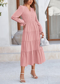 Long Sleeve V Neck Tiered Ruffle Flowy A Line Maxi Dresses