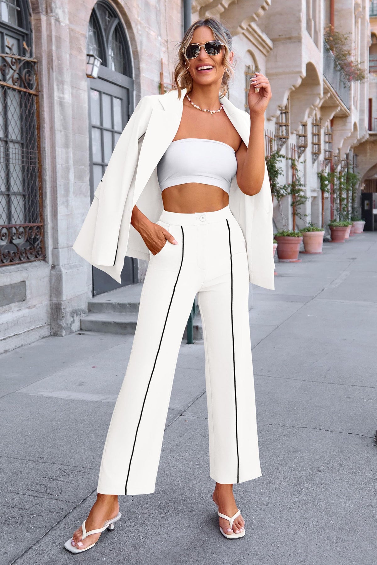 Business Casual Jacket Wide Leg Pants 2 Piece Blazer Sets