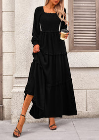 Long Sleeve Smocked Casual Square Neck Swiss Dot Tiered Ruffle Maxi Dresses