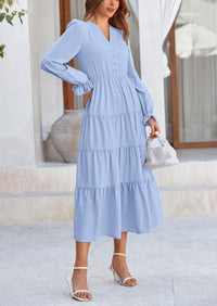 Long Sleeve V Neck Tiered Ruffle Flowy A Line Maxi Dresses