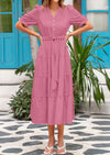 PRETTYGARDEN Casual V Neck Button Belted Ruffle A Line Flowy Tied Midi Dress