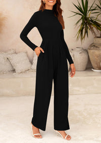 Casual Long Sleeve Mock Neck Wide Leg Jumpsuits