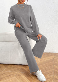 Long Sleeve Pullover Sweater Wide Leg Pants Two Piece Lounge Sets