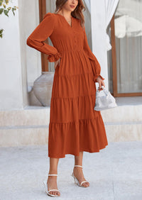 Long Sleeve V Neck Tiered Ruffle Flowy A Line Maxi Dresses