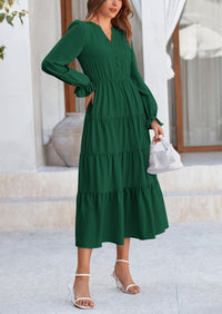 Long Sleeve V Neck Tiered Ruffle Flowy A Line Maxi Dresses