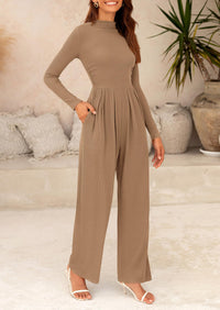 Casual Long Sleeve Mock Neck Wide Leg Jumpsuits