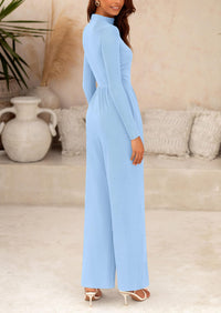 Casual Long Sleeve Mock Neck Wide Leg Jumpsuits
