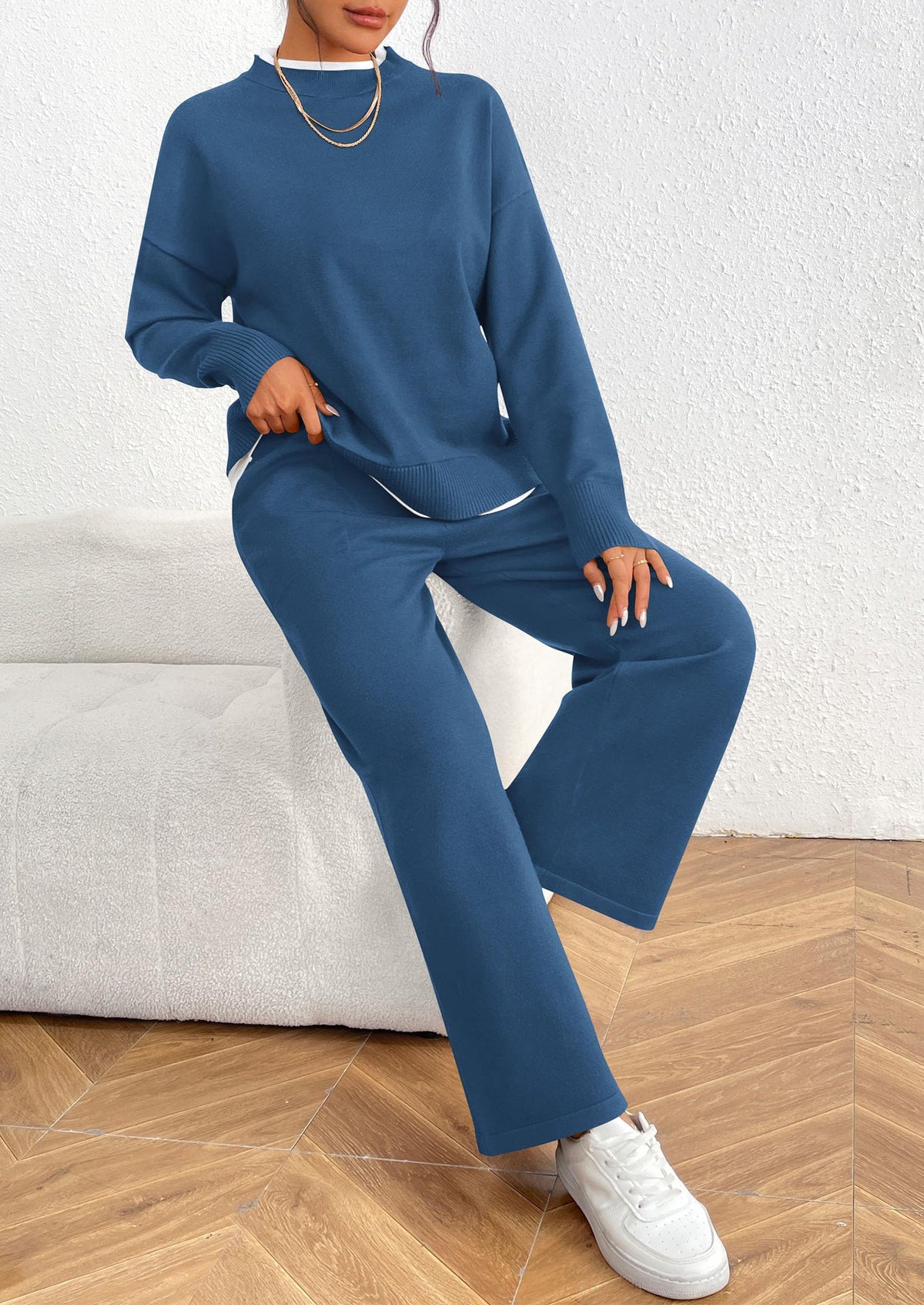 Long Sleeve Pullover Sweater Wide Leg Pants Two Piece Lounge Sets