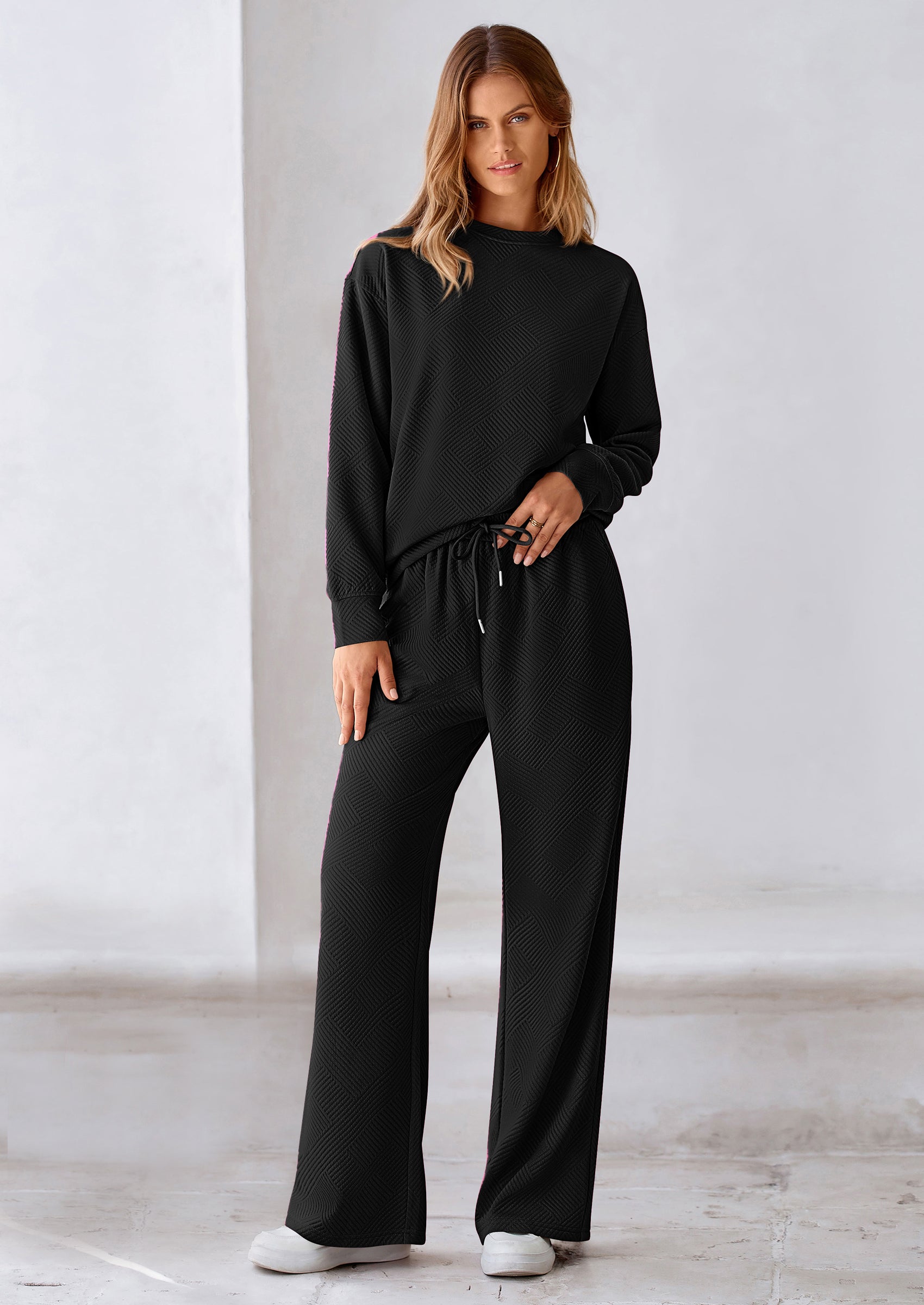 PRETTYGARDEN 2 Piece Long Sleeve Pullover Tops and Wide Leg Pants Knitted Lounge Sets