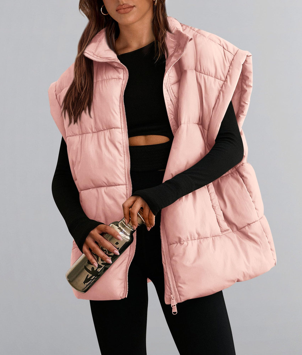 Casual Stand Collar Lightweight Sleeveless Zip Up Padded Coats