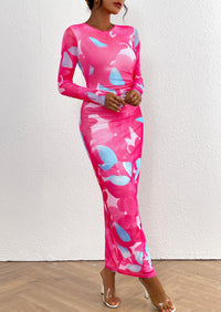 Floral Print Long Sleeve Tight Fitted Ruched Bodycon Maxi Dresses